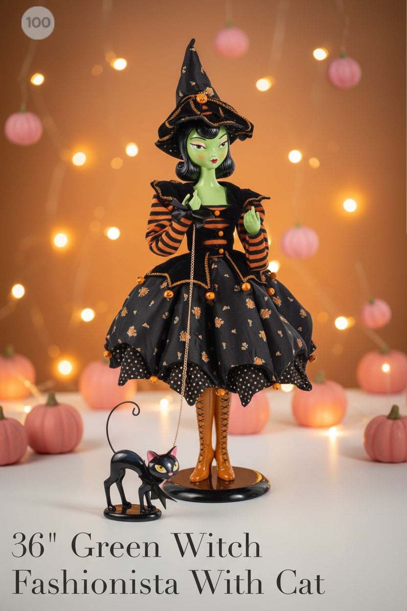 36” Green Halloween Witch with cat