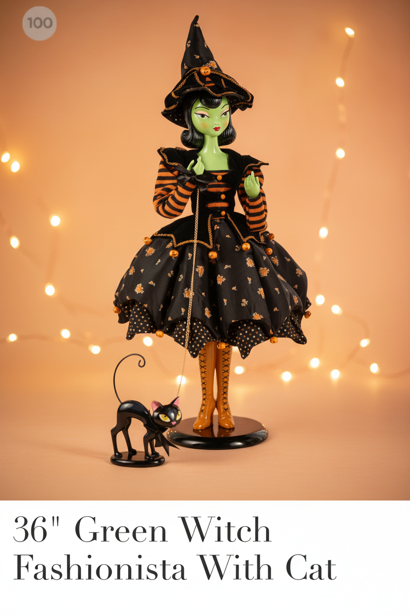 36” Green Halloween Witch with cat