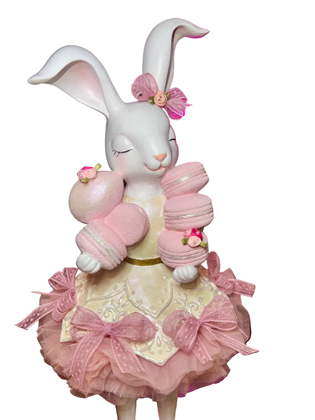 Pink Easter Bunny Girl figurine holding macaron