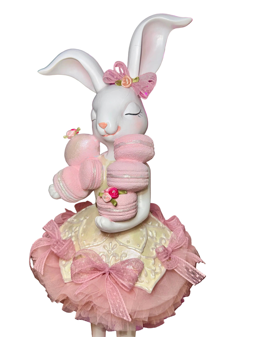 Pink Easter Bunny Girl figurine holding macaron
