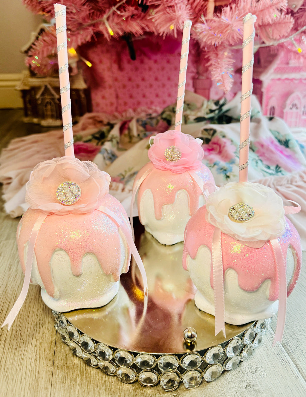 Pink Bespoke Halloween Apples set of 3