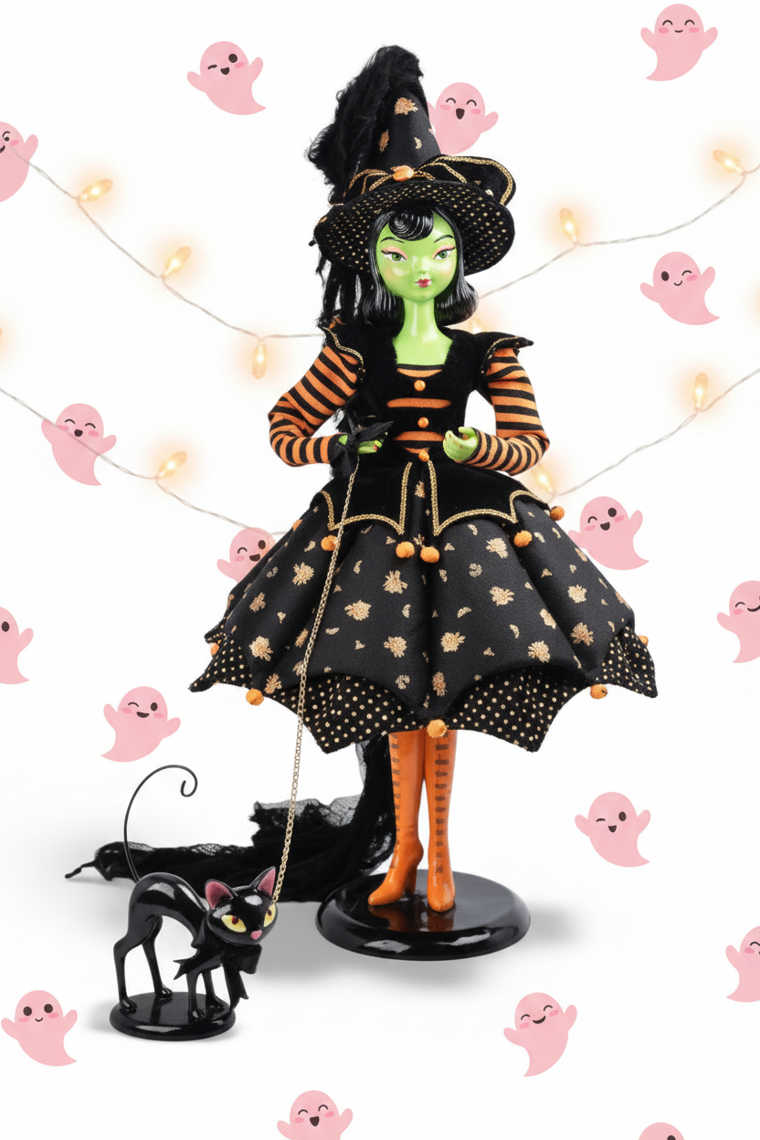 36” Green Halloween Witch with cat