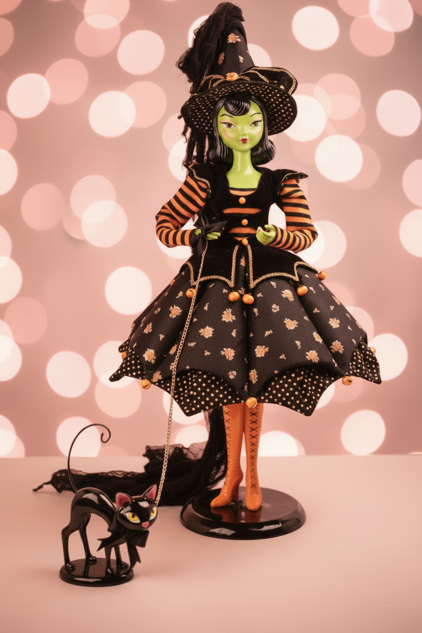36” Green Halloween Witch with cat