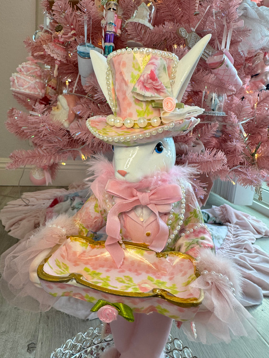Pink Floral Bunny with tray
