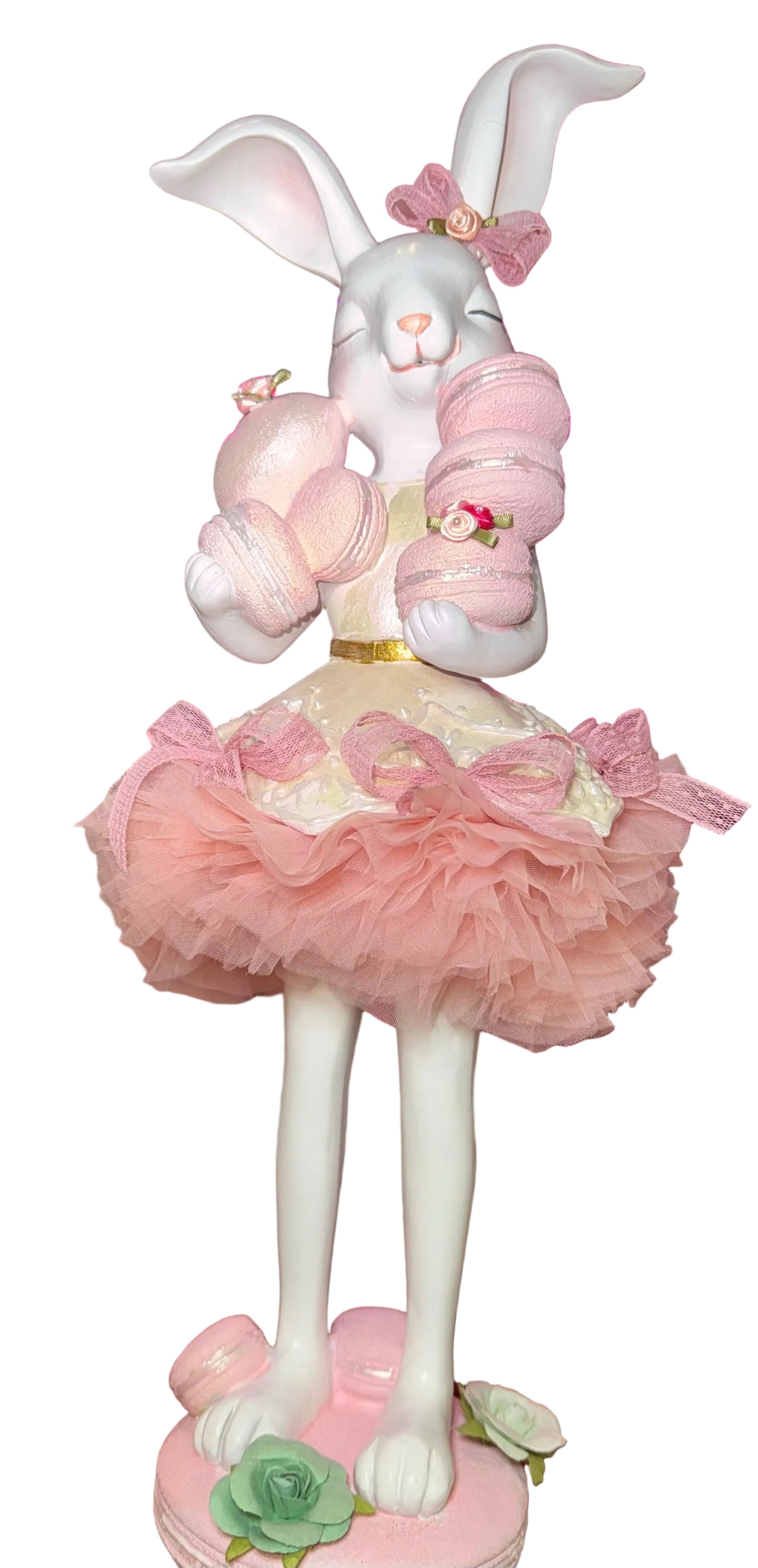 Pink Easter Bunny Girl figurine holding macaron