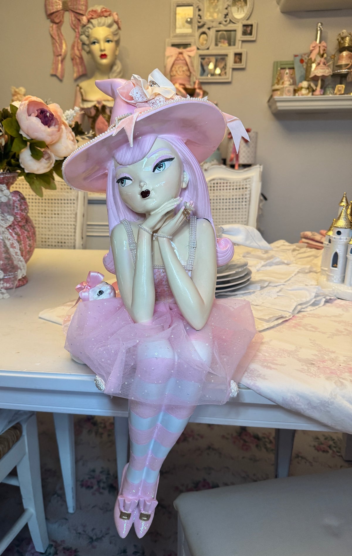 Bespoke pink hair witch  with cat - seater