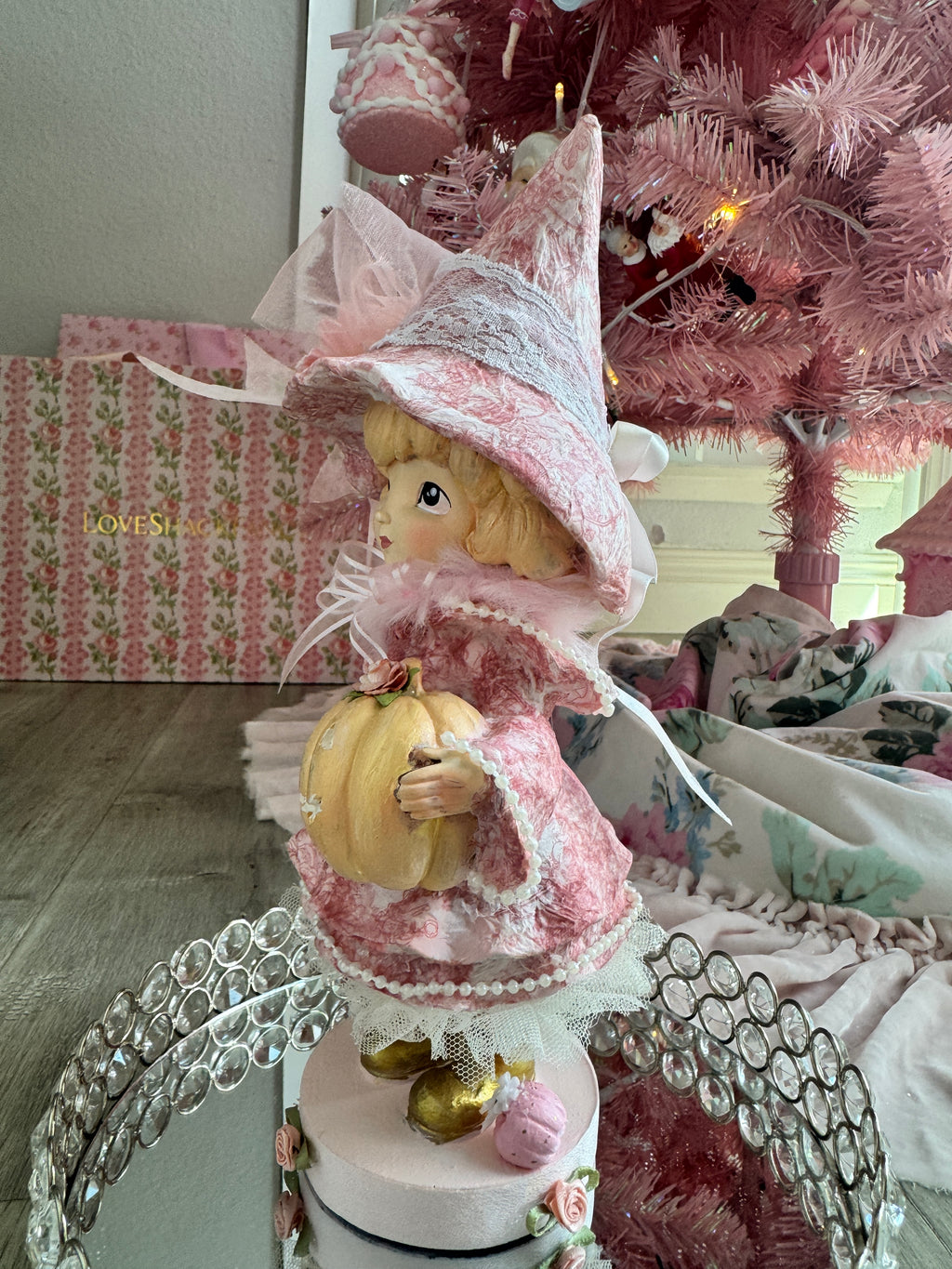 Pink Girl holding Purse and Pumpkin Figurine