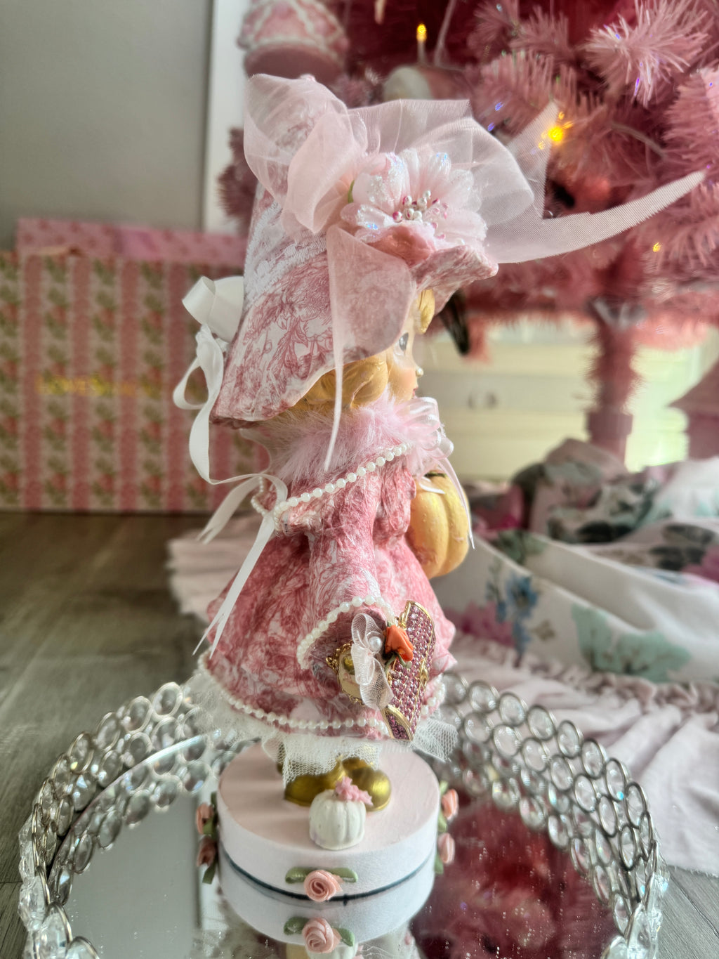 Pink Girl holding Purse and Pumpkin Figurine