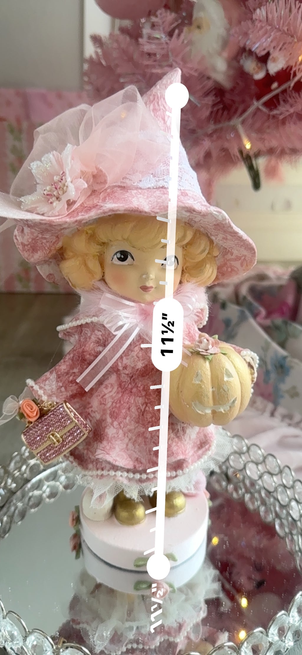 Pink Girl holding Purse and Pumpkin Figurine
